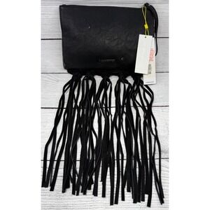 BCBGeneration Black Faux Leather Fringe Clutch Evening Bag